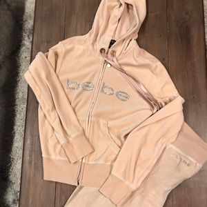 Bebe Tan Velour Rhinestone Sweatsuit Small